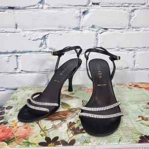 Escada Black Satin and Rhinestone Heeled Sandals